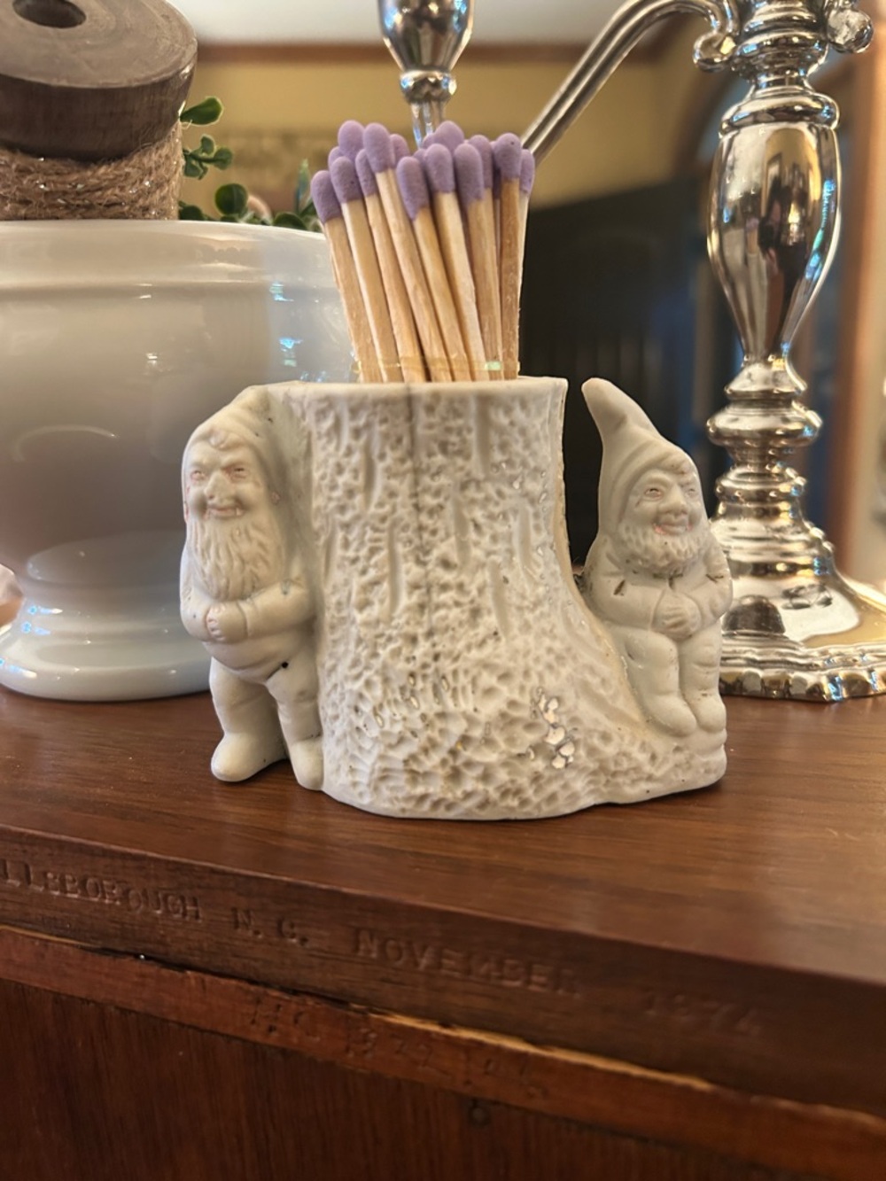 Vintage Ceramic Gnome Tree Stump Matchstick or Toothpick Holder